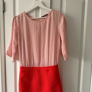 Maje Pink Orange Short Blouson Dress 3/4 Sleeve Zip/ Snap Closure Size 1